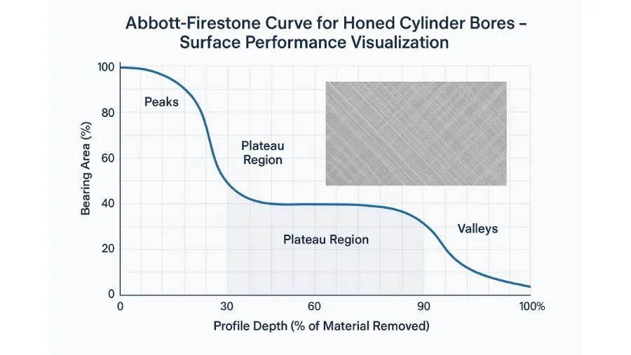 The Abbott-Firestone Curve visualizes how honed cylinder bores transition from surface peaks to functional plateaus and oil-retaining valleys—crucial for load support, wear resistance, and lubrication in high-performance components