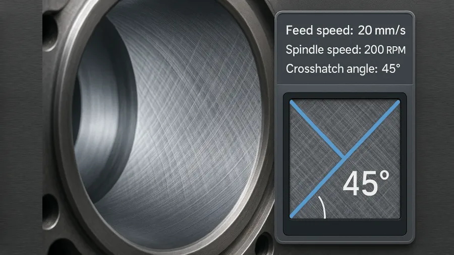 45° crosshatch pattern with digital feed and spindle speed control—ideal for oil retention and consistent bore quality